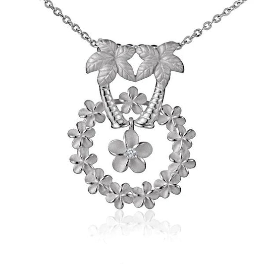 Sterling silver Palmtree Circle Lei pendant with tropical leaf design, crafted by Ashley's Gift Shop.