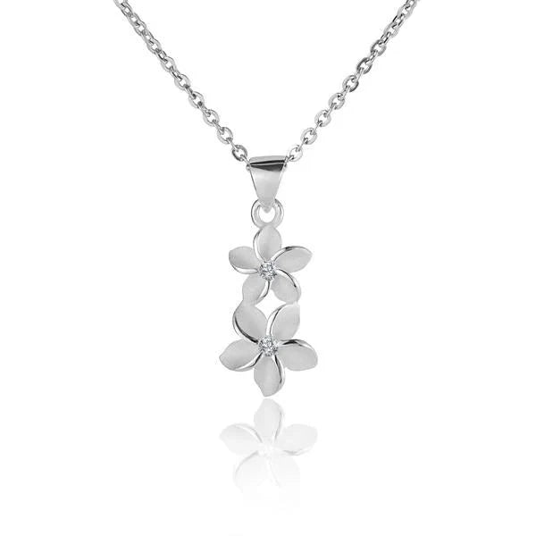 Hawaiian 925 Sterling Silver two Plumeria CZ pendants in 6/8mm sterling silver, featuring floral design and sparkling cubic.