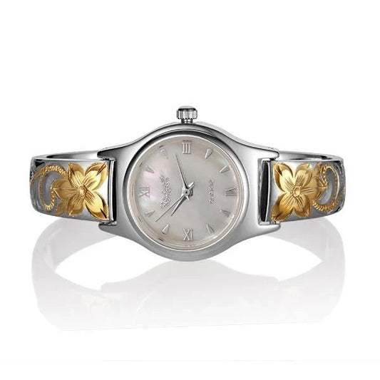 Sterling silver 2-tone Plumeria scroll bangle watch with floral design, featuring a stylish and elegant jewelry accessory.