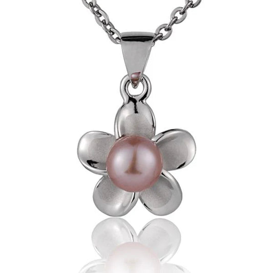 Rhodium Plumeria Pink Pearl Pendant - 12mm image 0