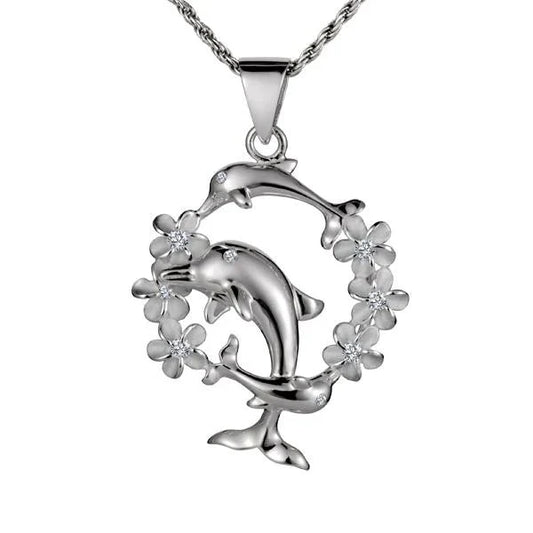 Three sterling silver dolphin and plumeria flower pendants, handcrafted 925 silver jewelry, detailed and elegant design.