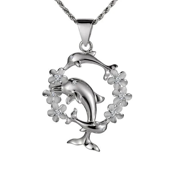 Hawaiian 925 Sterling Silver three sterling silver dolphin and plumeria flower pendants, handcrafted 925 silver jewelry.