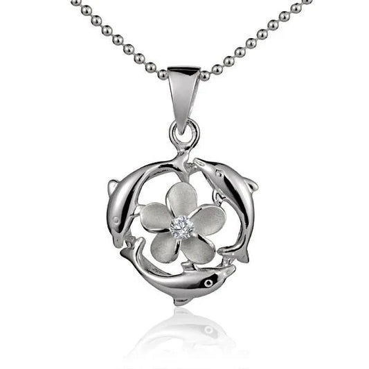 Three 8mm sterling silver dolphin and plumeria pendant charms with detailed designs, perfect for jewelry making.