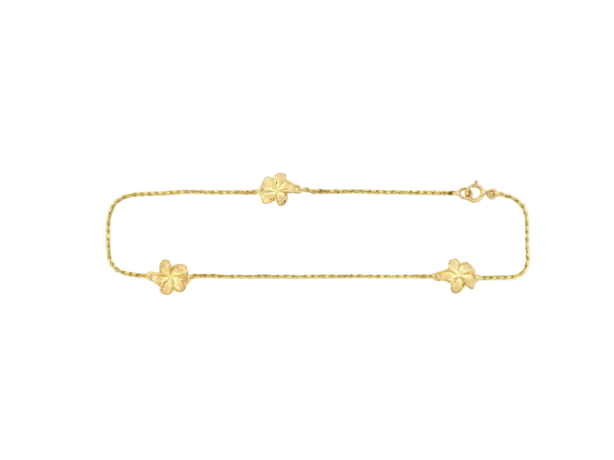 Hawaiian 14K Gold 3-flower anklet featuring delicate flower charms.