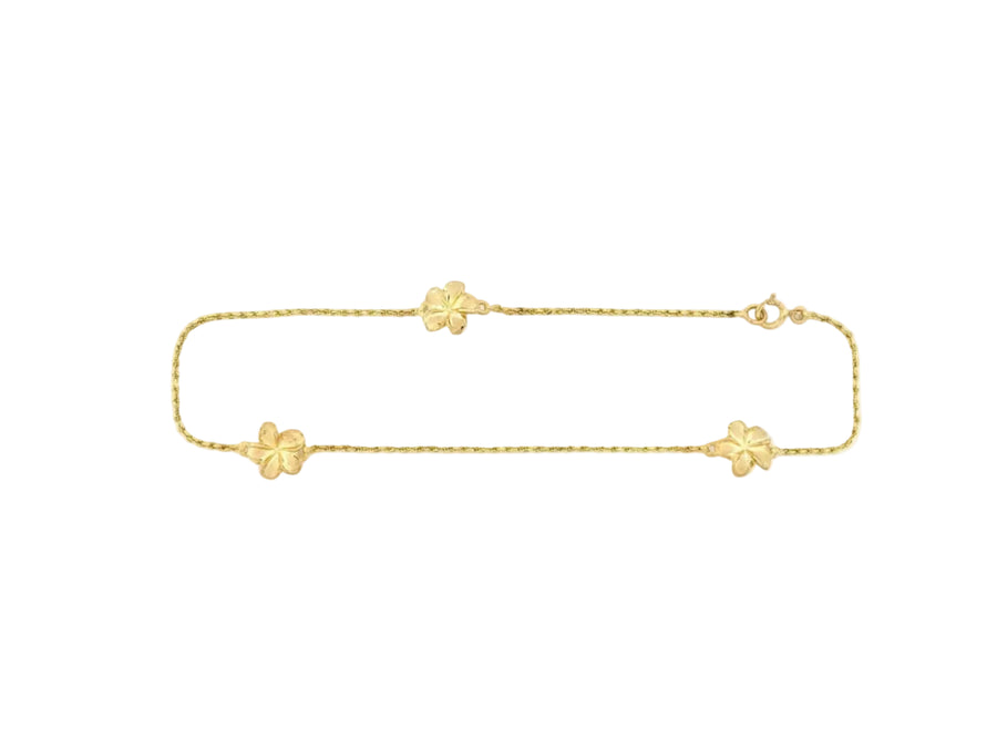 Hawaiian 14K Gold 3-flower anklet featuring delicate flower charms.