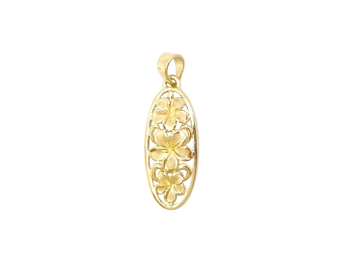 Hawaiian 14K Gold plumeria pendant featuring three flower charms, crafted with delicate detailing and a polished finish.