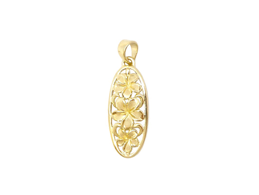 Hawaiian 14K Gold plumeria pendant featuring three flower charms, crafted with delicate detailing and a polished finish.