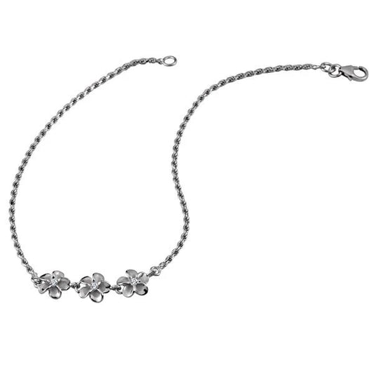 Three Plumeria CZ rhodium anklets with 8mm beads, featuring floral design and shiny silver finish, perfect for ankle jewelry.