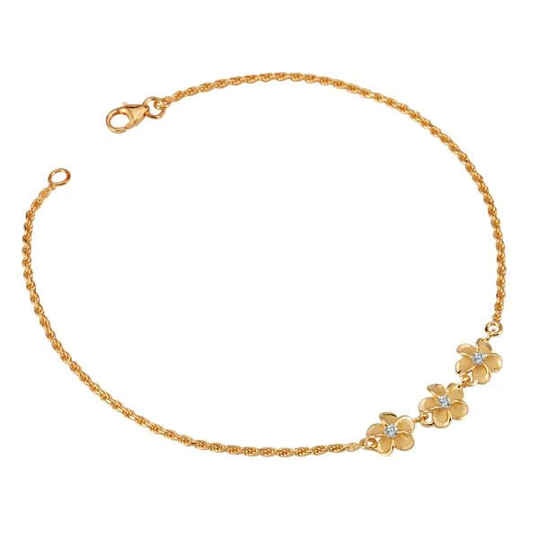 Hawaiian 925 Sterling Silver anklet with three Plumeria CZ charms in yellow gold rhodium finish, 8mm size, stylish.