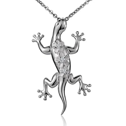 Sterling silver Plumeria Gecko pendant featuring three plumeria flowers, crafted by Ashley's Gift Shop.