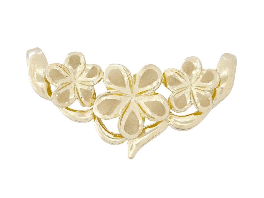 Hawaiian 14K Gold large 14K gold Plumeria slide pendant with three flower designs.