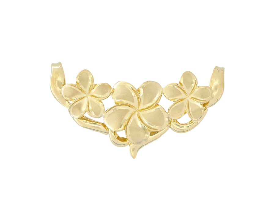 Hawaiian 14K Gold plumeria slide pendant with three flower designs, medium size, elegant jewelry piece.
