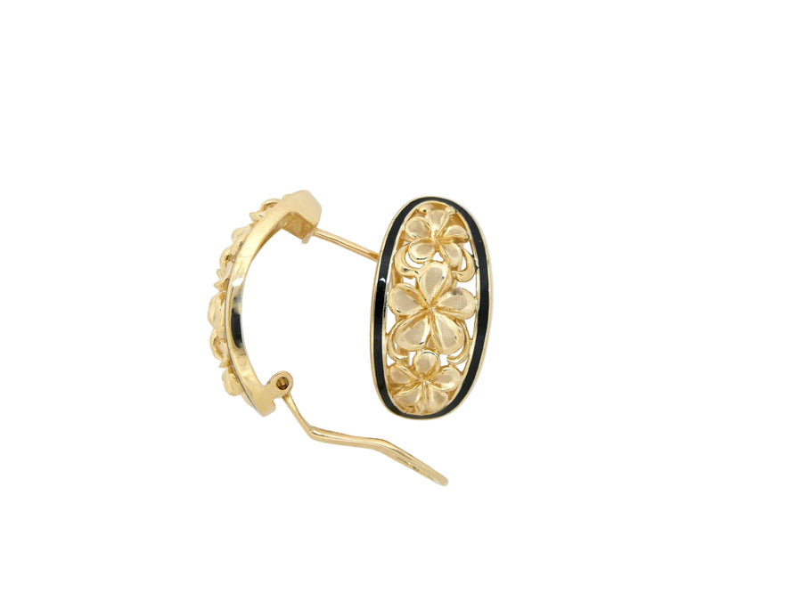 Hawaiian 14K Gold plumeria tapered earring with frame clip, featuring floral design and elegant craftsmanship.