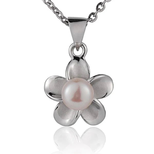 Rhodium Plumeria White Pearl Pendant - 12mm image 0