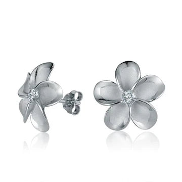 Plumeria CZ Rhodium Plated Post Earring - 15mm image 0