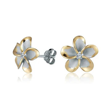 Plumeria CZ YG Plated Post Earring - 12mm image 0