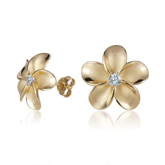 Plumeria CZ YG Rhodium Post Earring - 15mm image 0