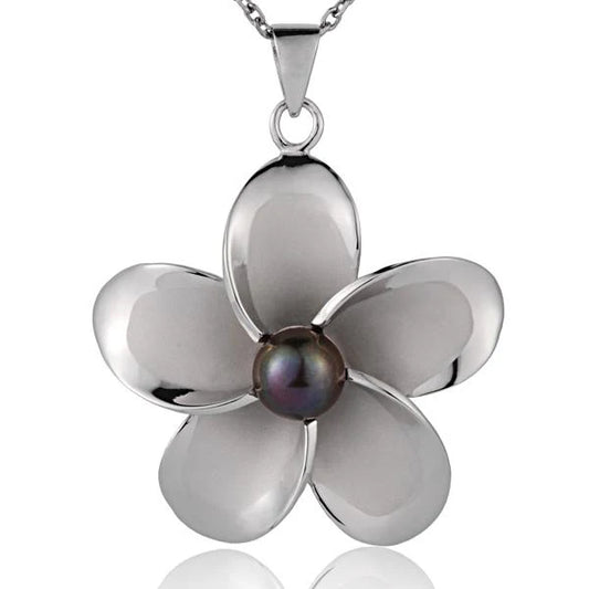 Rhodium Plumeria DB Pearl Pendant - 43mm image 0