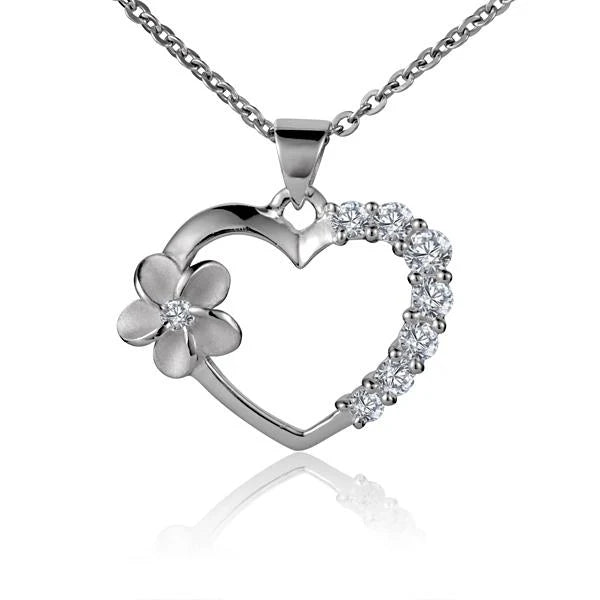 Heart Plumeria Side CZ Rhodium Pendant image 0