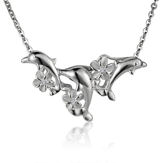 Sterling silver Dolphin and Plumeria slider pendant with intricate 3D design, perfect for necklace embellishment.