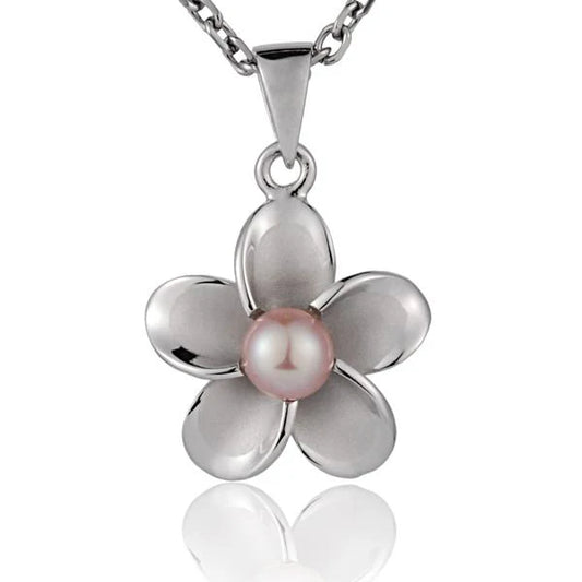 Rhodium Plumeria Pink Pearl Pendant - 18mm image 0