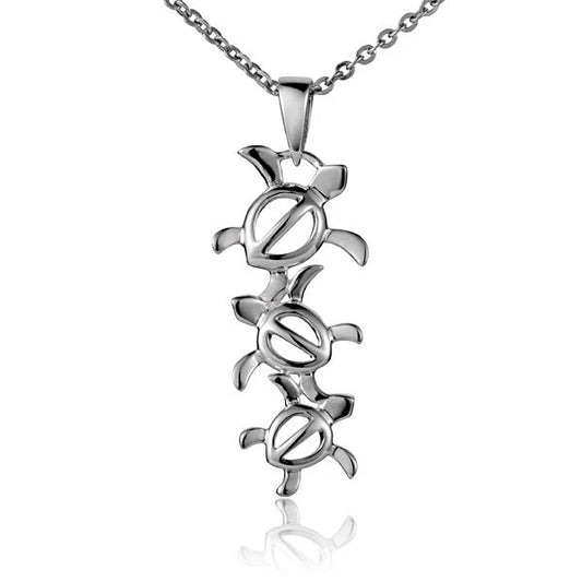 Sterling silver 3Honu c/o pendant with ocean-inspired design, featuring intricate Hawaiian turtle motifs, crafted by Ashley's Gift Shop.