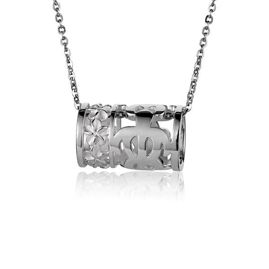 Sterling silver 3Honu and plumeria barrel pendant featuring intricate Hawaiian-inspired design, crafted by Ashley's Gift Shop