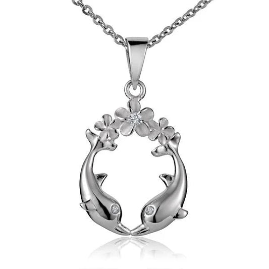 Sterling silver Plumeria and dolphin circle pendant featuring floral and dolphin designs, crafted by Ashley's Gift Shop.