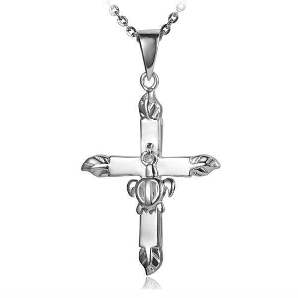 Hawaiian 925 Sterling Silver honu pendant with four shiny leaves and cross dangle, featuring intricate details.