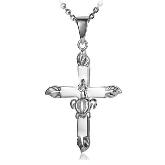 Sterling silver Honu pendant with four shiny leaves and cross dangle, featuring intricate details and a polished finish.