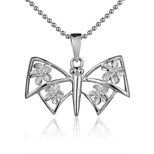 Four sterling silver Plumeria butterfly pendants with intricate flower and butterfly designs, perfect for jewelry making.