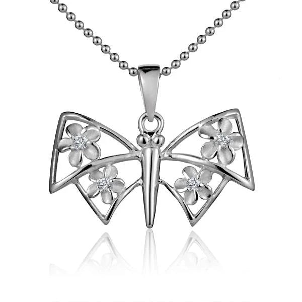 Hawaiian 925 Sterling Silver four sterling silver Plumeria butterfly pendants with intricate flower and butterfly designs.