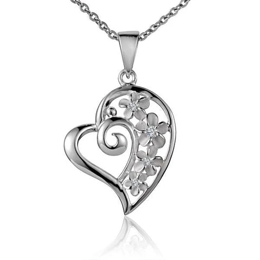 Sterling silver Plumeria heart pendant with floral design, crafted from 925 silver, ideal for jewelry and gift-giving.