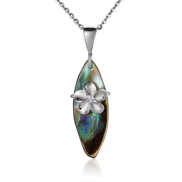 Rhodium Plumeria On Abalone Surfboard Pendant - 8mm image 0