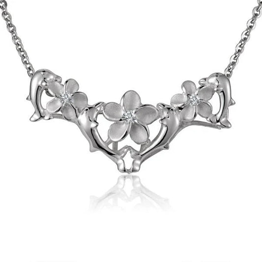 925 sterling silver dolphin and plumeria slider pendant with detailed dolphin and floral design on a silver chain