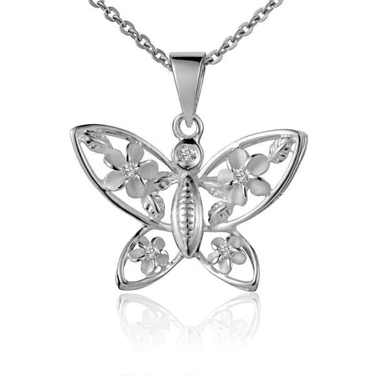 Sterling silver butterfly pendant with plumeria design and 1 carat cubic zirconia, crafted by Ashley's Gift Shop
