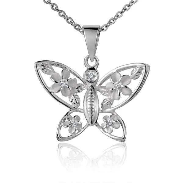 Hawaiian 925 Sterling Silver butterfly pendant with plumeria design and 1 carat cubic zirconia.