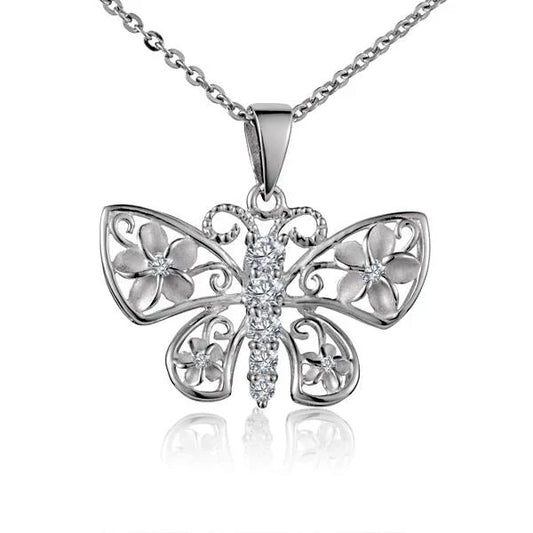 Sterling silver butterfly pendant with five cubic zirconia accents, featuring a delicate plumeria flower design.
