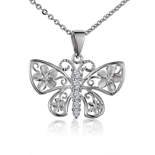 Hawaiian 925 Sterling Silver butterfly pendant with five cubic zirconia accents, featuring a delicate plumeria flower design.