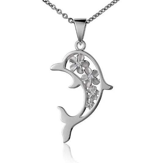Sterling silver dolphin pendant with plumeria flower design, crafted in a flat style, perfect for jewelry or necklace accessories.