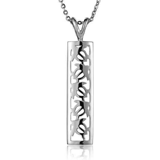 Five sterling silver Honu S/T vertical pendants featuring turtle designs, crafted with detailed silver craftsmanship.