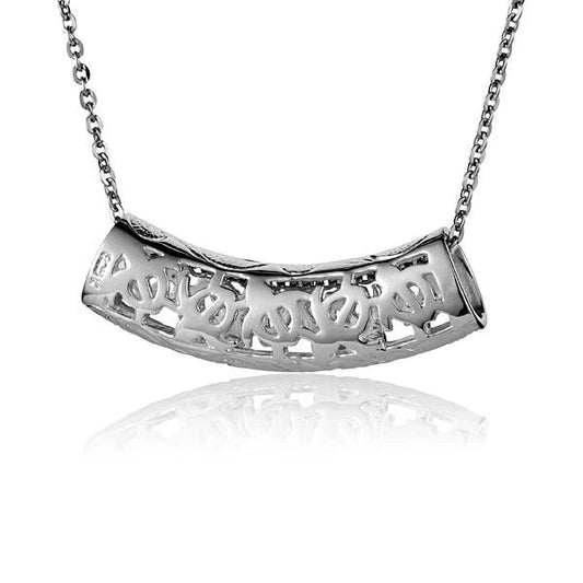 Sterling silver Honu Tube Slider Pendant featuring five turtle motifs, crafted with intricate detail and smooth finish.