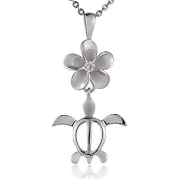 Plumeria CZ Honu Rhodium Pendant - 12mm image 0