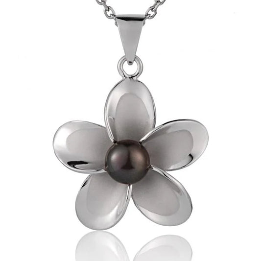 Rhodium Plumeria DB Pearl Pendant - 32mm image 0
