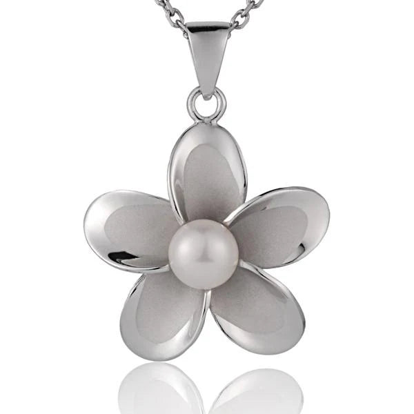 Rhodium Plumeria White Pearl Pendant - 32mm image 0