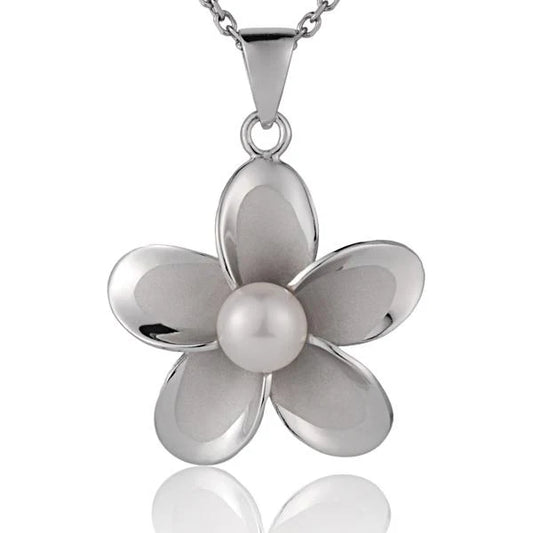Rhodium Plumeria White Pearl Pendant - 32mm image 0