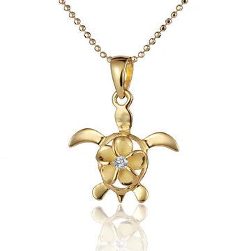 Plumeria CZ Honu Rhodium YG Pendant - 8mm image 0