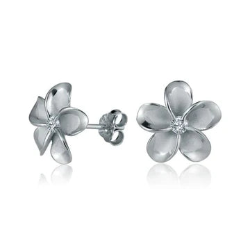 Plumeria CZ Rhodium Plated Post Earring - 12mm image 0