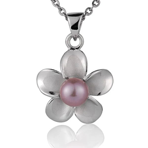 Rhodium Plumeria Pink Pearl Pendant - 15mm image 0