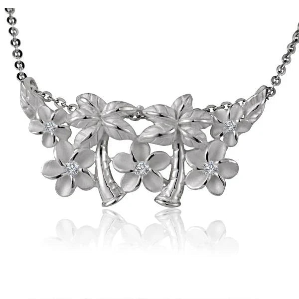 Hawaiian 925 Sterling Silver 5 Plumeria and 3 palm tree pendant, handcrafted jewelry with detailed floral and tree designs.
